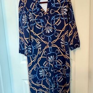 J. McLaughlin Navy and Gold Patterned Long Sleeve Dress